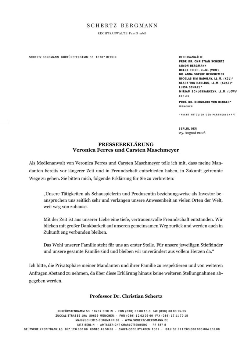 Image for the Tweet beginning: PRESSEERKLÄRUNG
Veronica Ferres und Carsten Maschmeyer